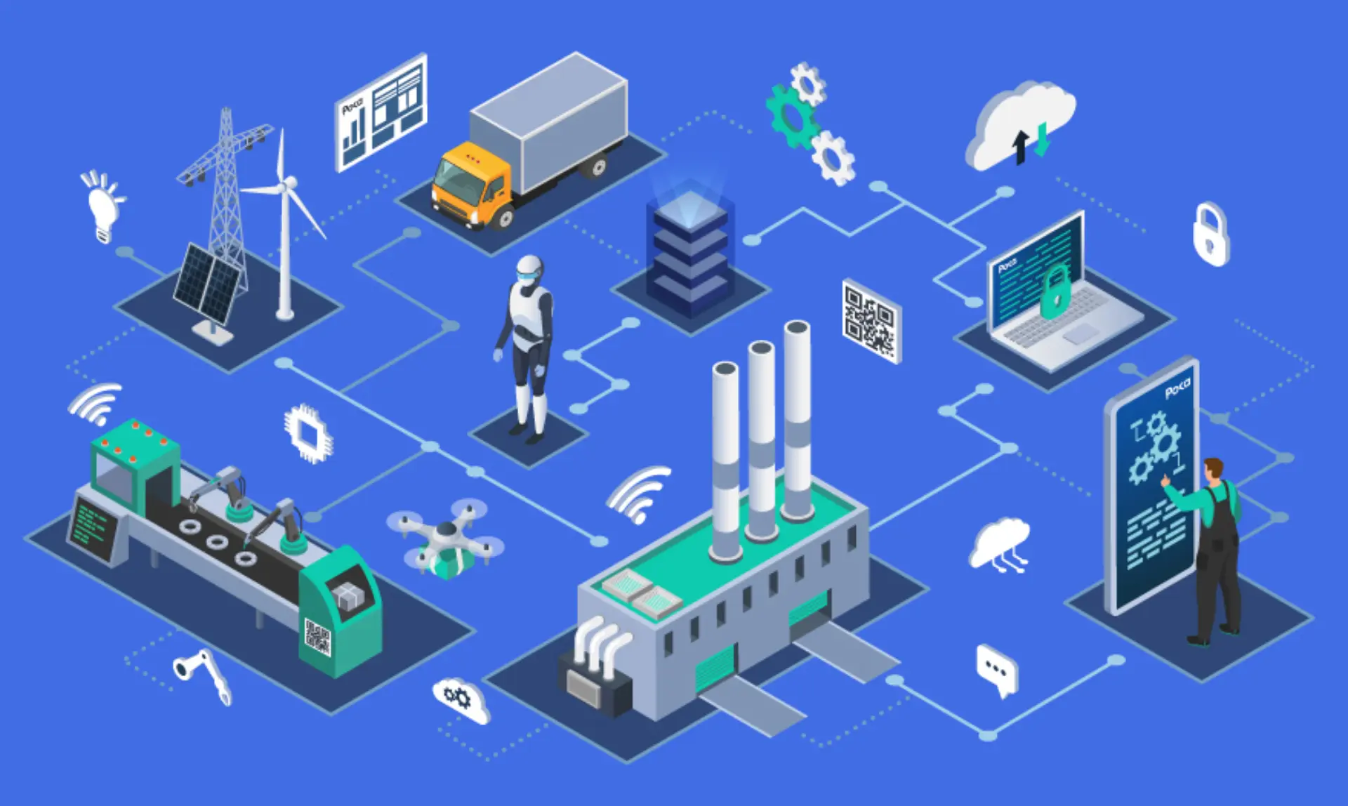 A futuristic factory scene showcasing advanced robotics and automation technology in an industrial setting.