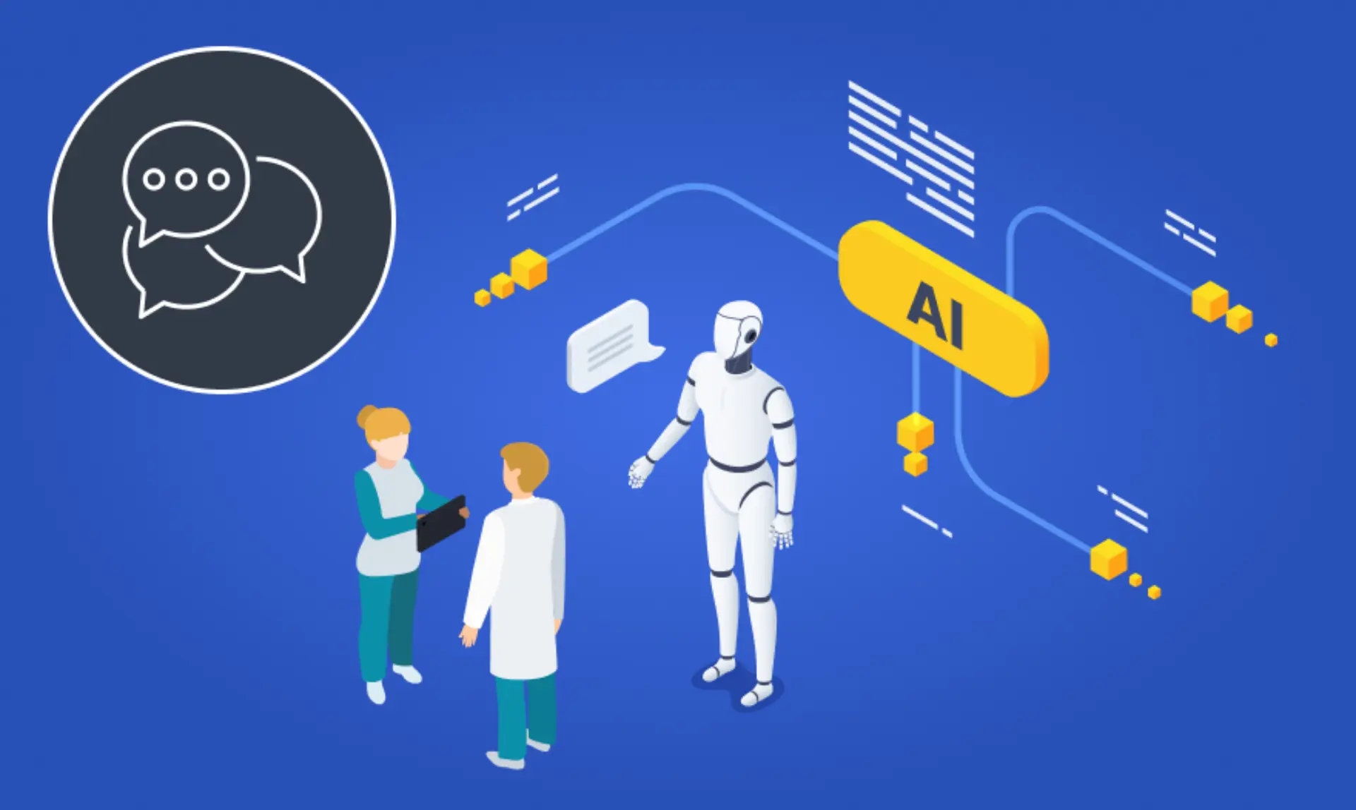 AI chatbot development showcasing technology and innovation in a modern workspace with developers collaborating.