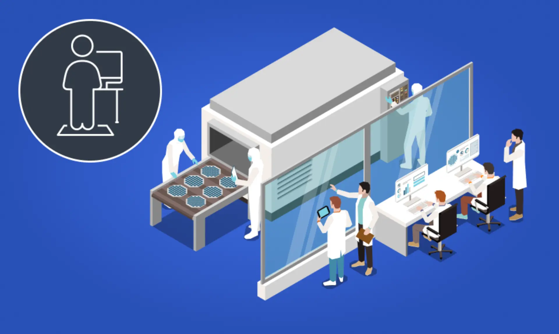 A group of researchers collaborates in a lab, operating a complex machine for scientific experiments.