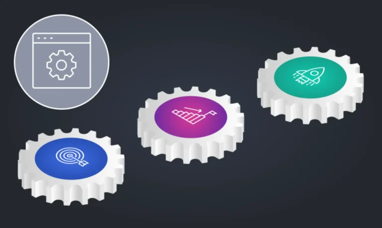 Four interlocking gears, each featuring distinct icons representing various functions or concepts.