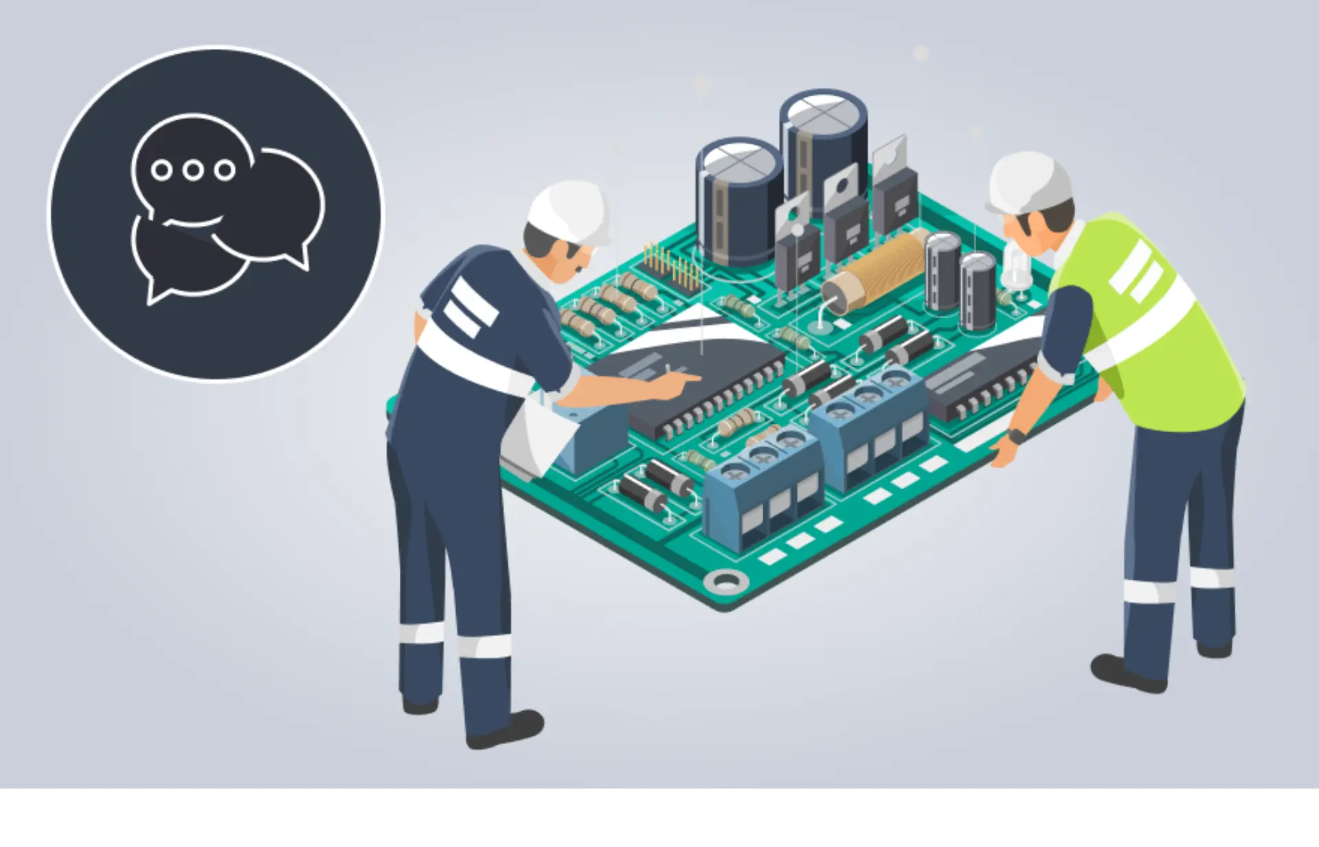 Two men engaged in circuit board work