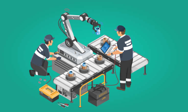 Two men collaborating on a machine in an industrial setting, surrounded by equipment and machinery.