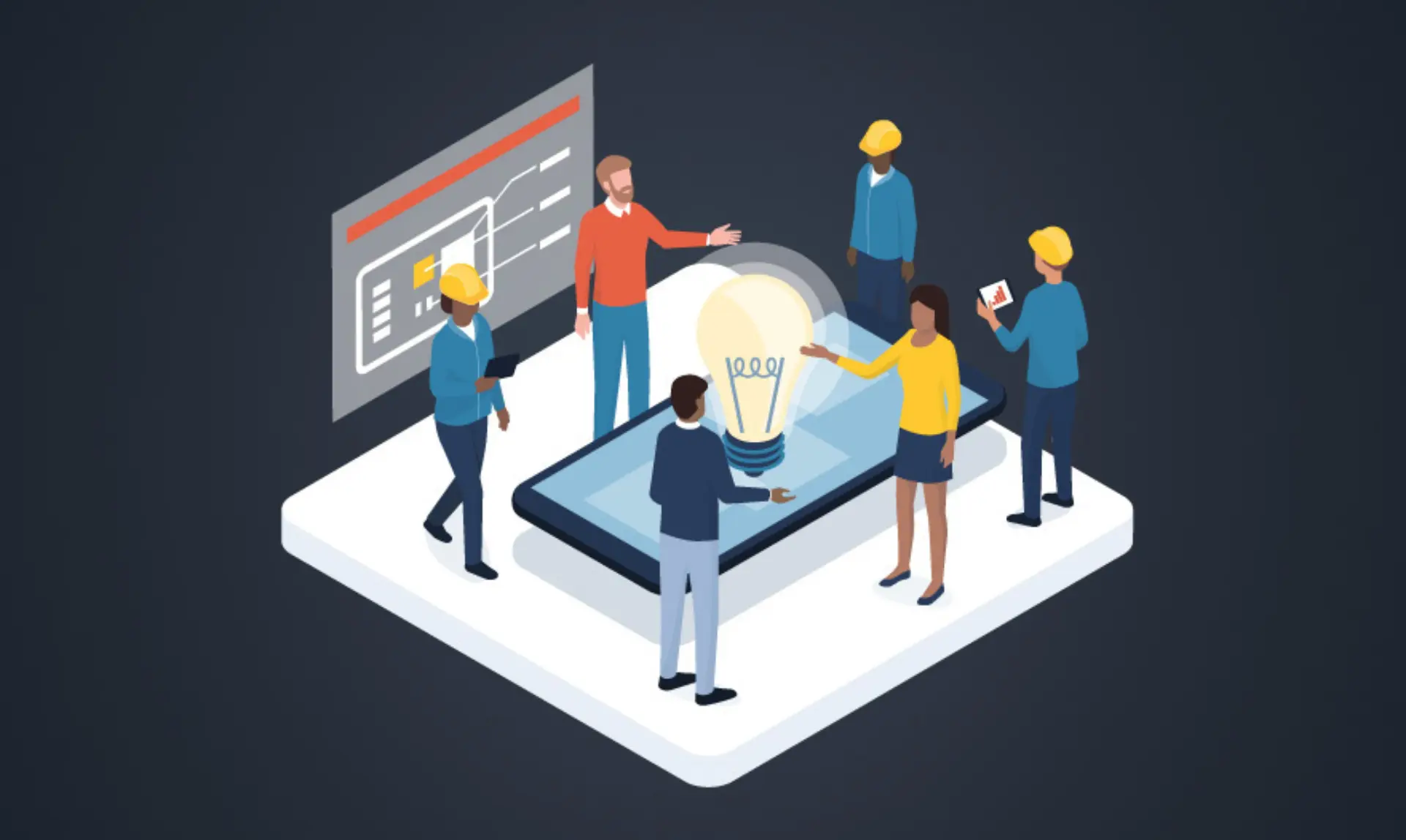 A group of people gathers around a tablet displaying a glowing light bulb symbolizing an idea or innovation.