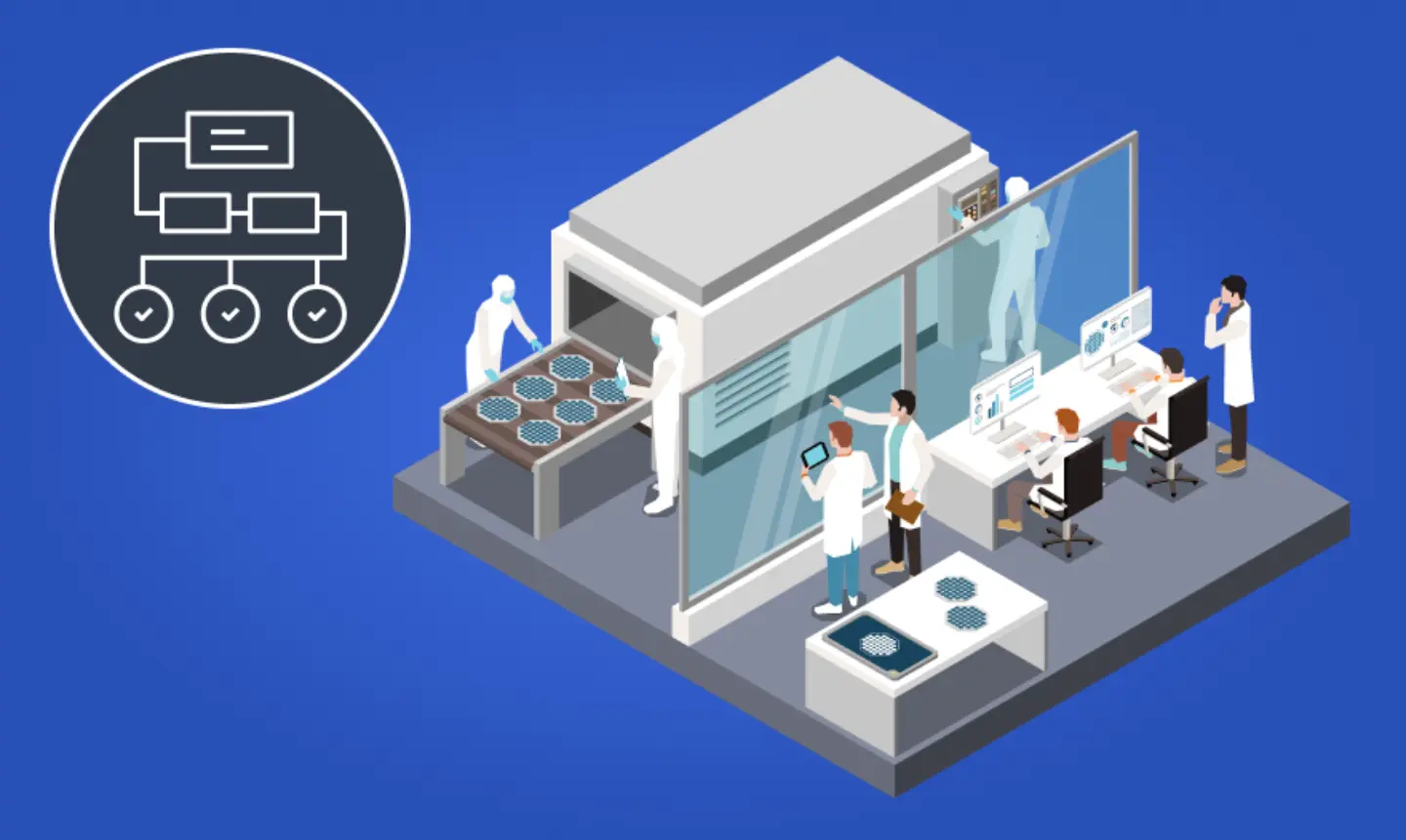 A diverse group of people collaborating in a lab, focused on a computer screen displaying data and research findings.