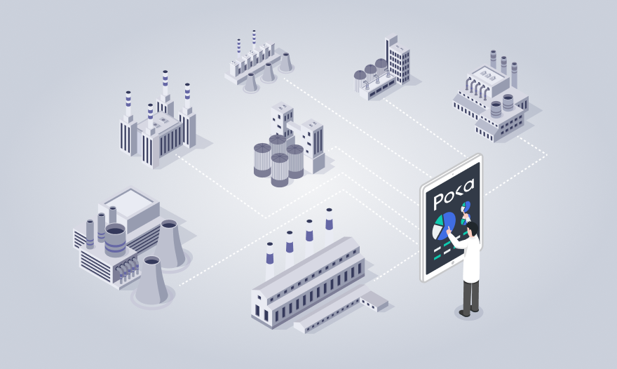 A man stands before a tablet displaying a detailed map of factories, analyzing the layout and locations.