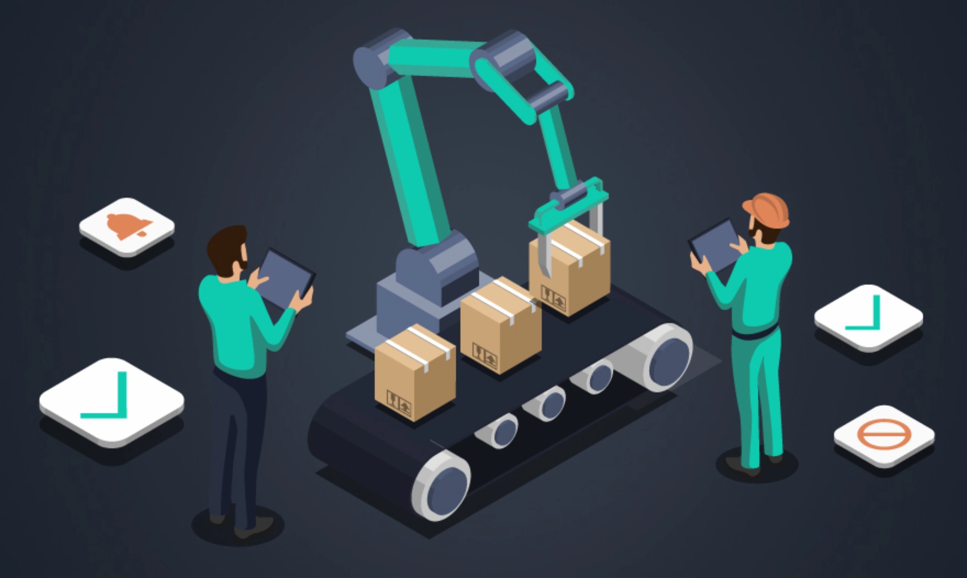 Two individuals collaborating on a robot, surrounded by various boxes and tools in a workshop setting.