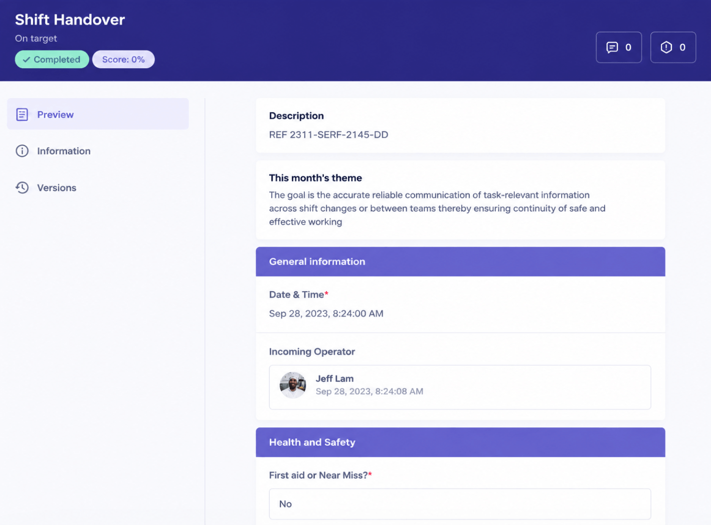 Screenshot of Shift Handover feature