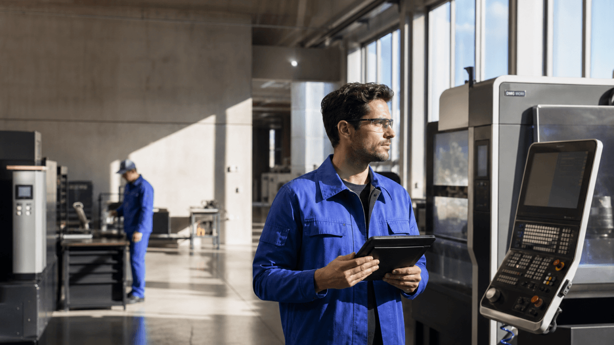 Factory worker holding a tablet beside industrial machinery.