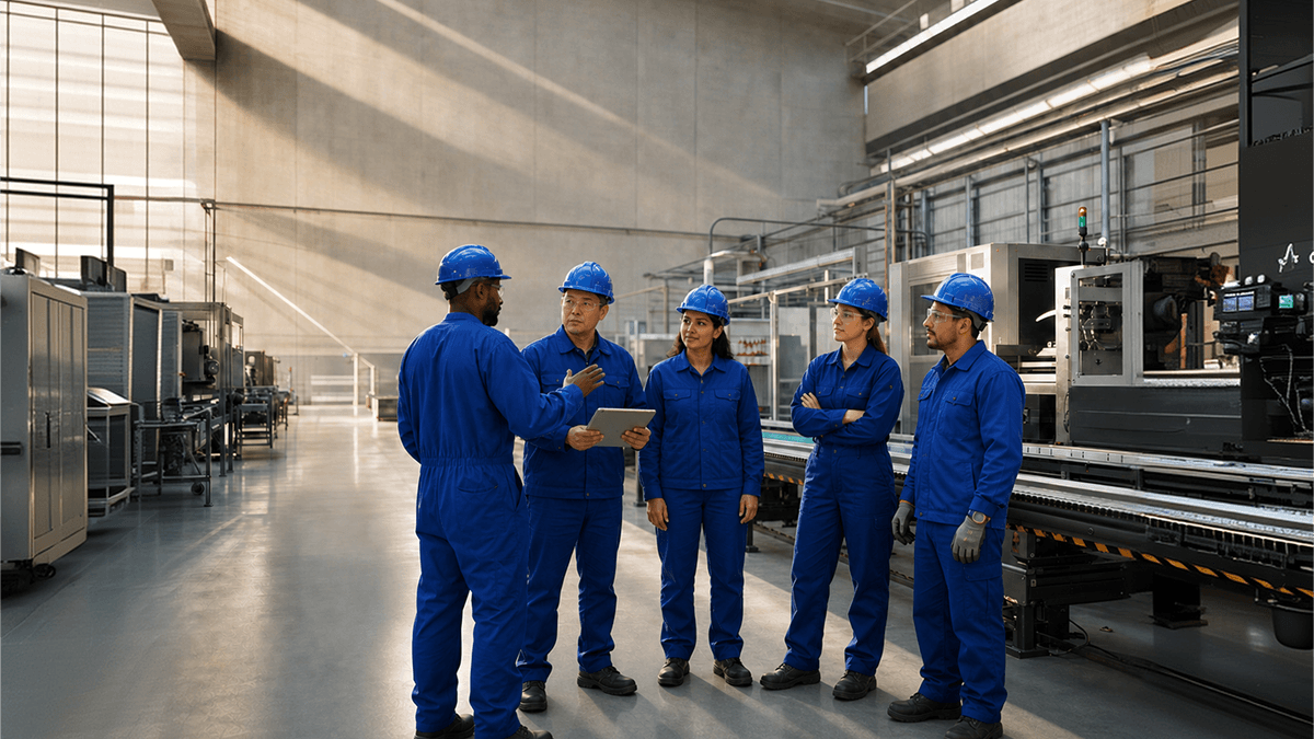 Factory team discussing operations beside industrial machinery.