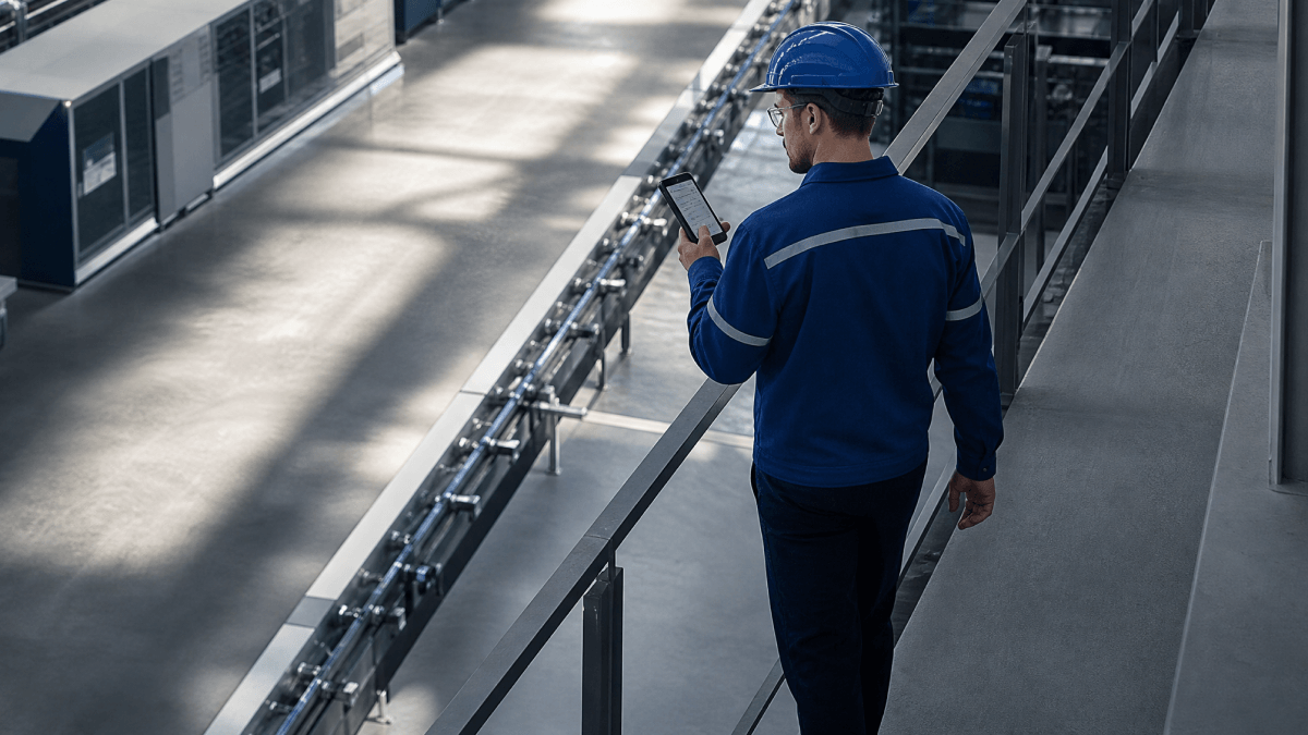 Factory worker checking a mobile device beside a production line.