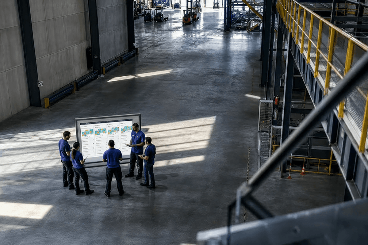 Factory team reviewing a production dashboard on a digital display.