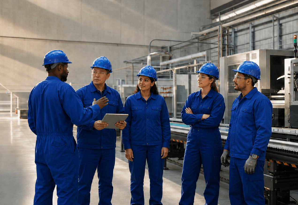 Factory team discussing operations beside production equipment.