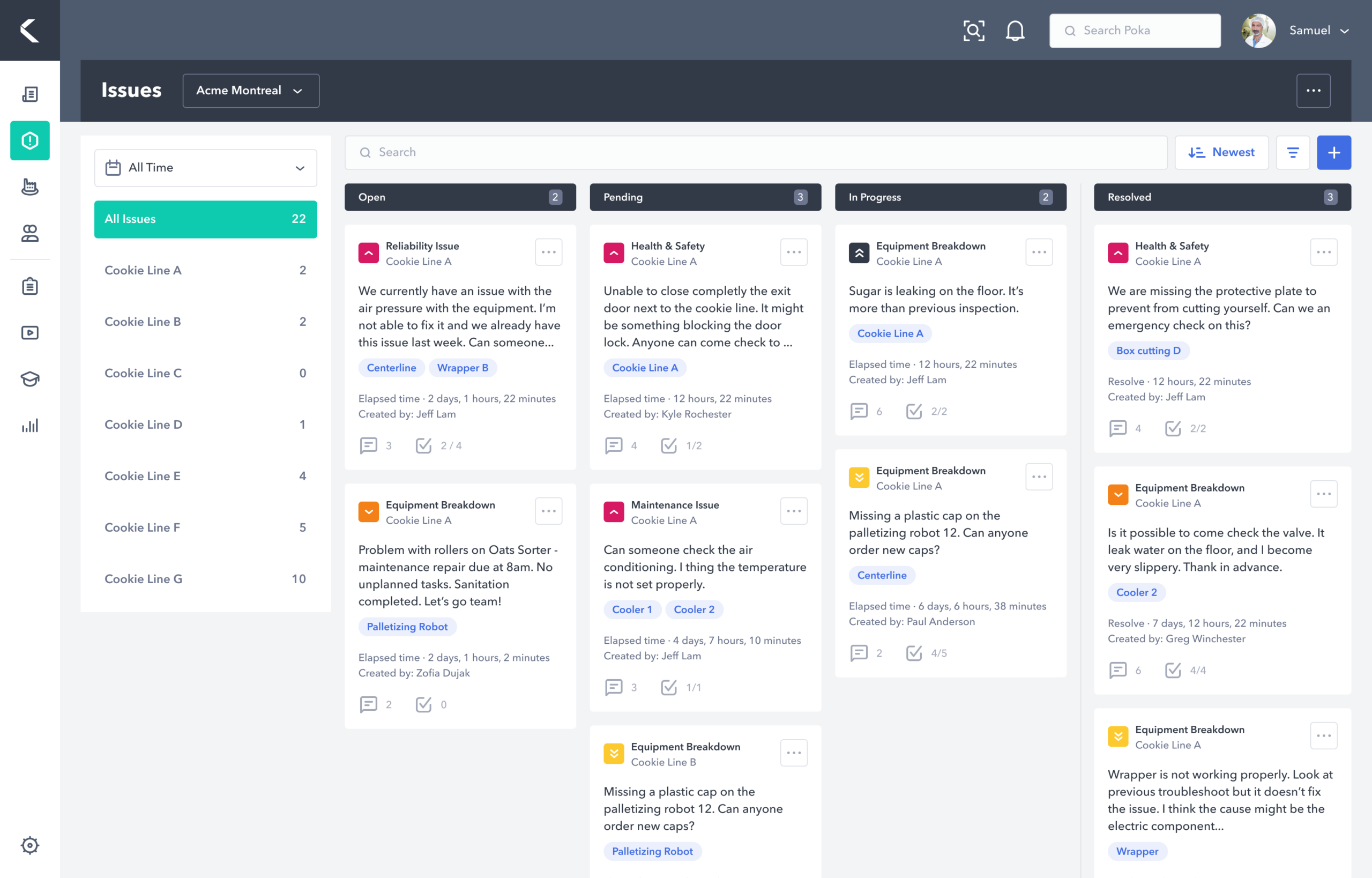 Screenshot of Poka issue kanban dashboard