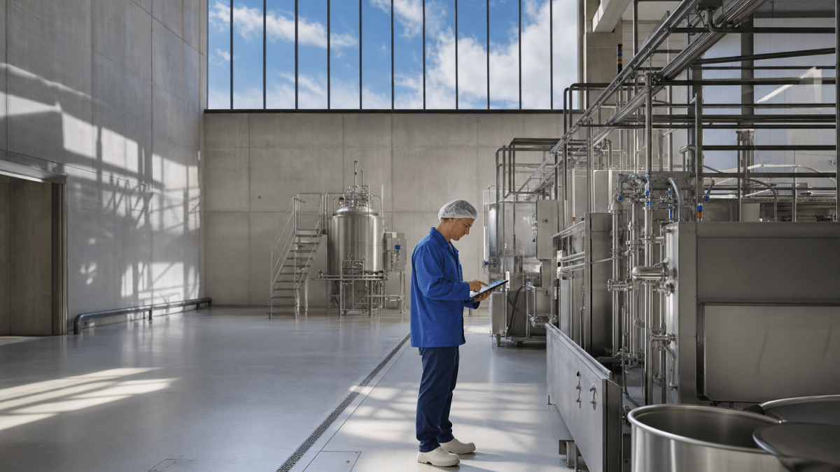 A worker standing in front of machine with mobile tablet in hand