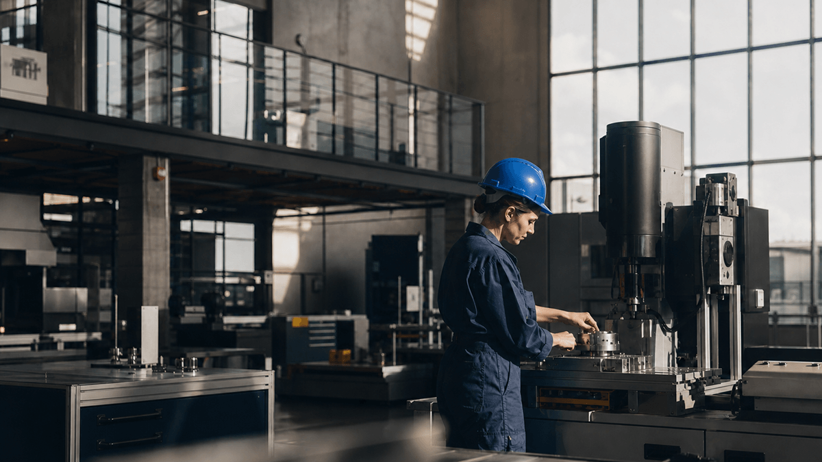 A factory working wearing blue hard hat standing in front of a machine