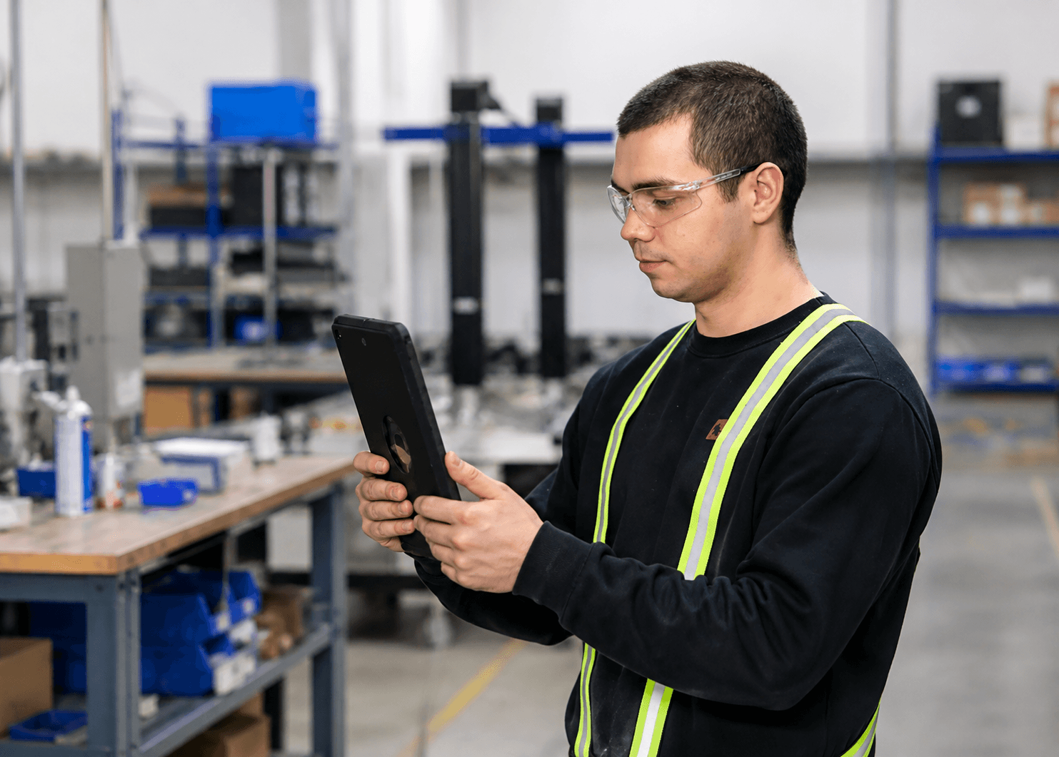 A worker wearing safety glasses looking at a tablet