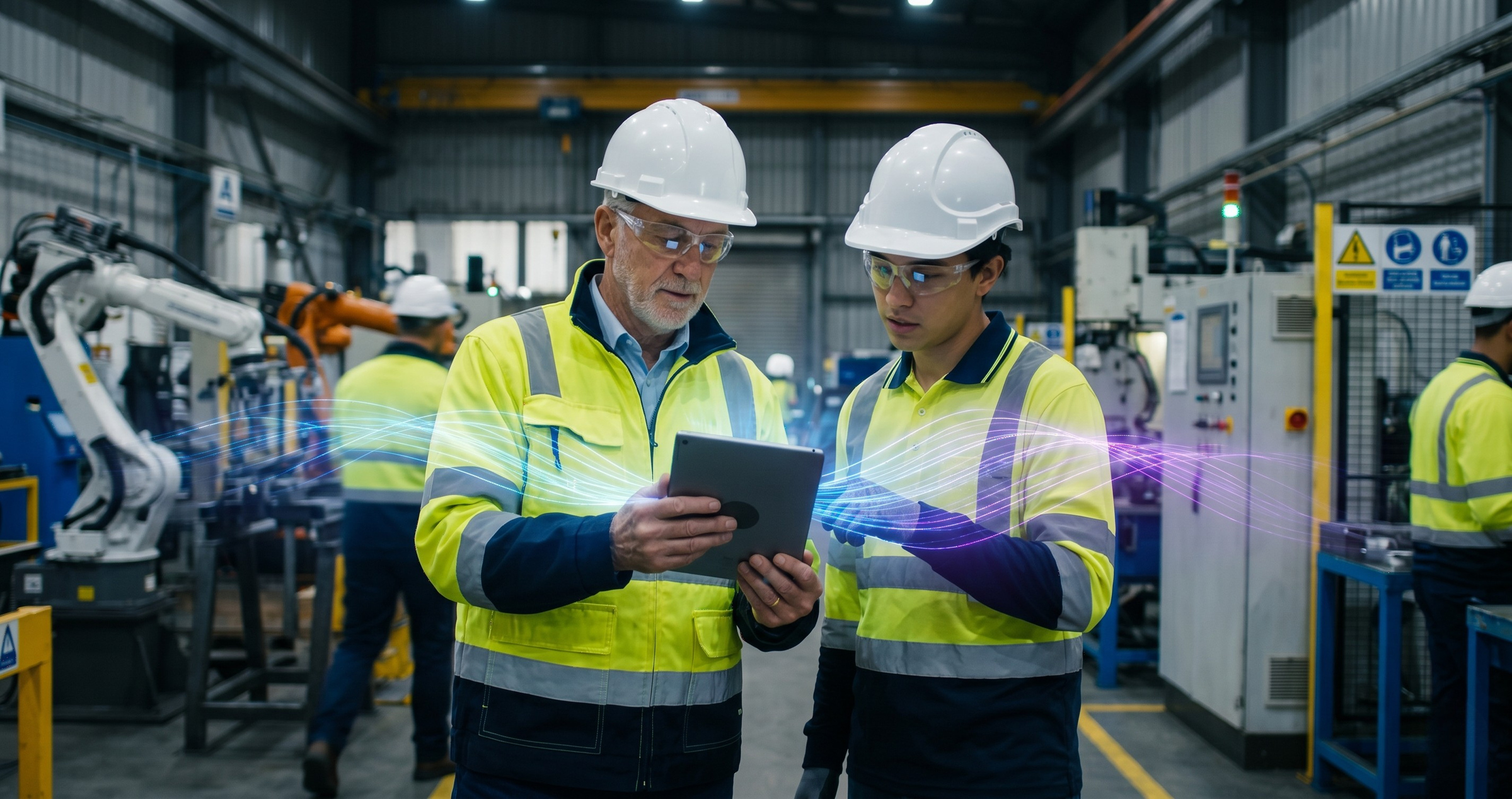 Manufacturing workers using AI-powered tablet on the factory floor